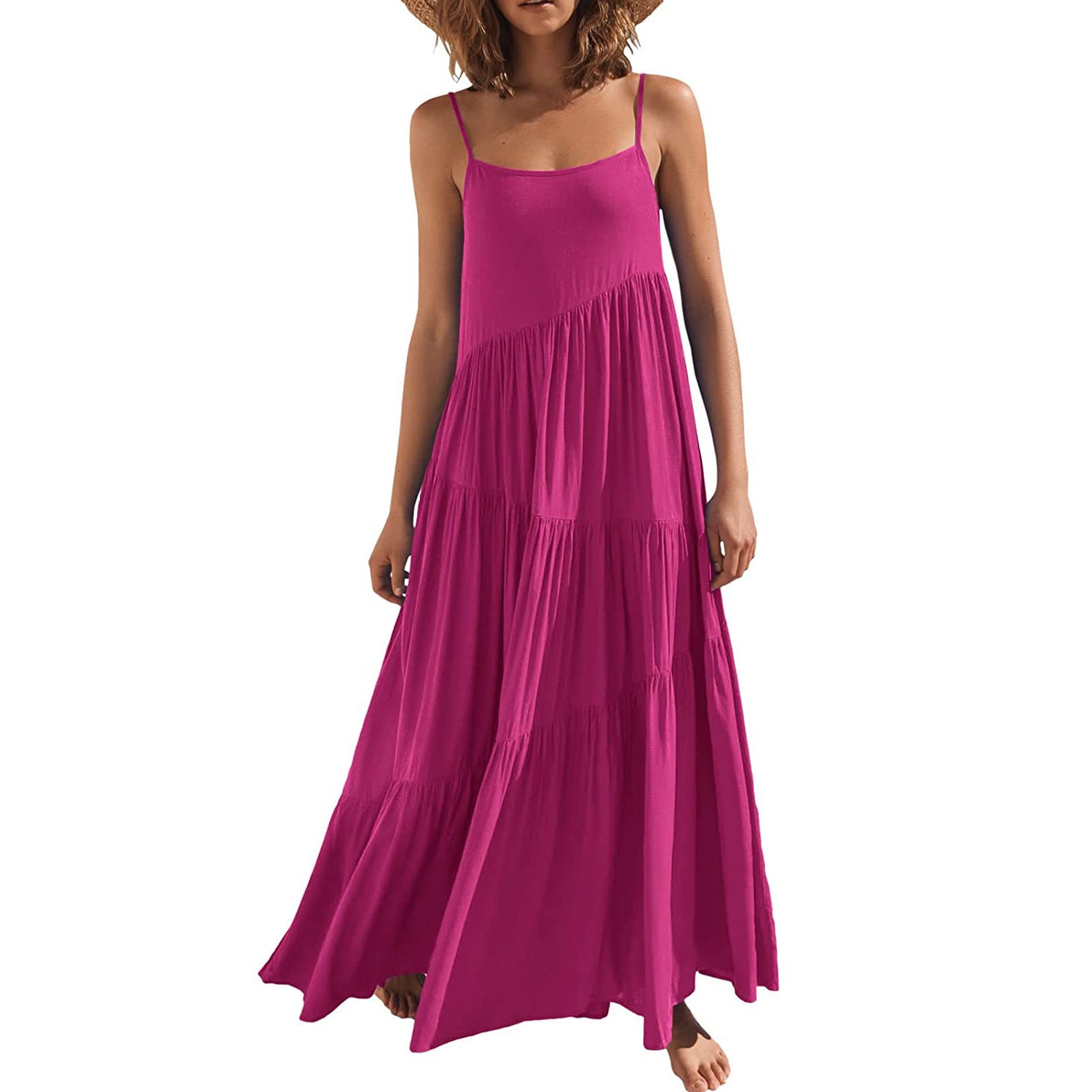 Women's Loose Solid Color Pleated Irregular Beach Strap Maxi Dress