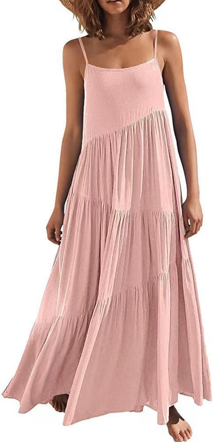Women's Loose Solid Color Pleated Irregular Beach Strap Maxi Dress