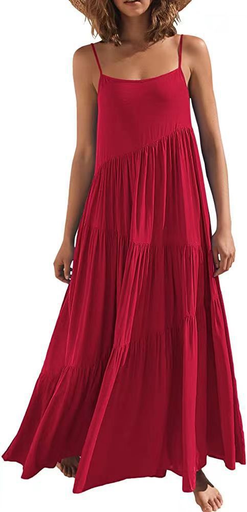 Women's Loose Solid Color Pleated Irregular Beach Strap Maxi Dress