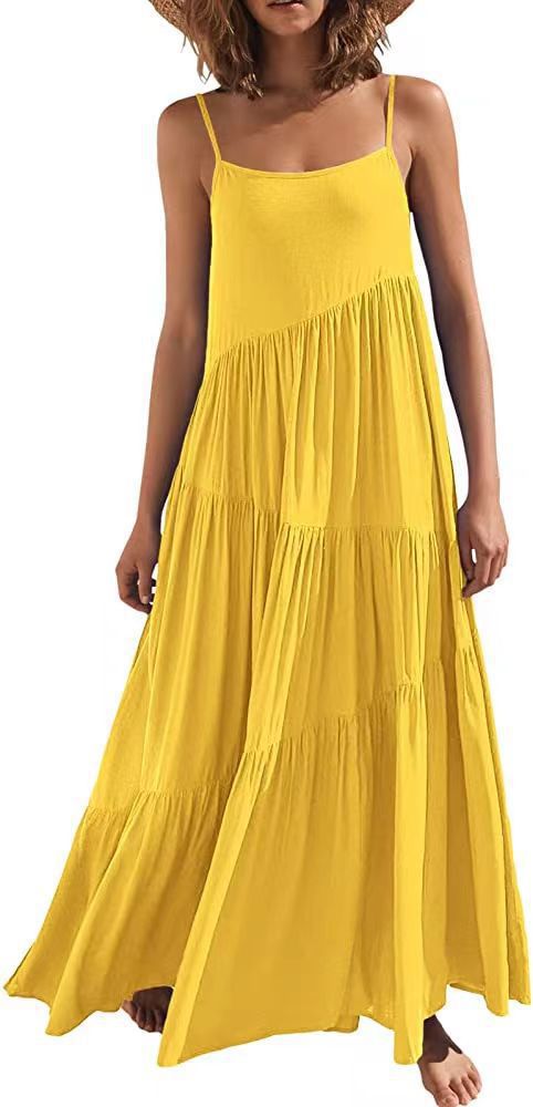Women's Loose Solid Color Pleated Irregular Beach Strap Maxi Dress
