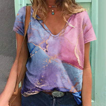 Women's Loose V-neck Floral Print T-shirt