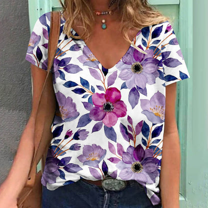 Women's Loose V-neck Floral Print T-shirt