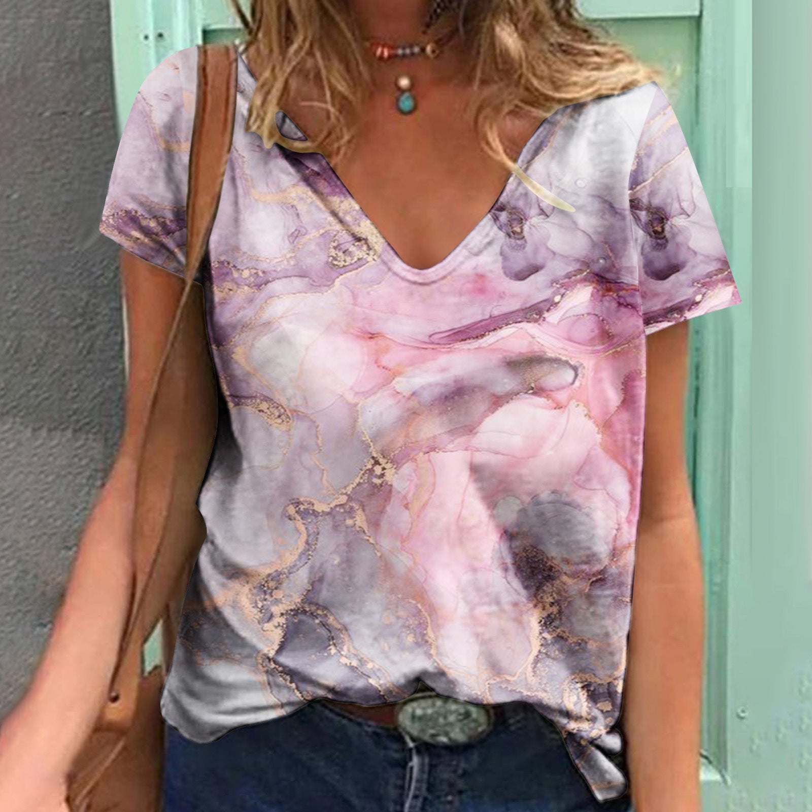 Women's Loose V-neck Floral Print T-shirt