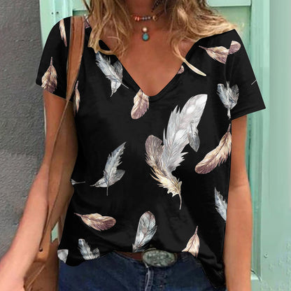 Women's Loose V-neck Floral Print T-shirt