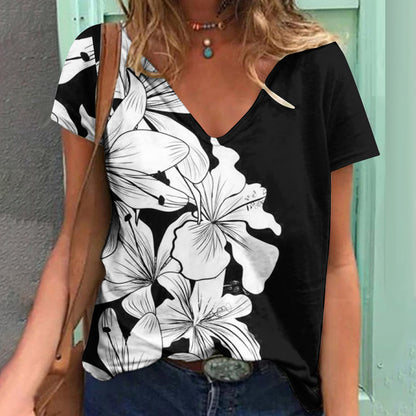 Women's Loose V-neck Floral Print T-shirt