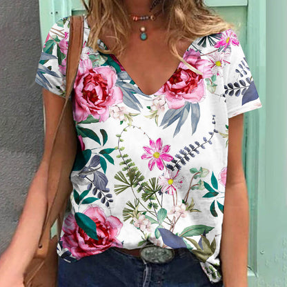 Women's Loose V-neck Floral Print T-shirt