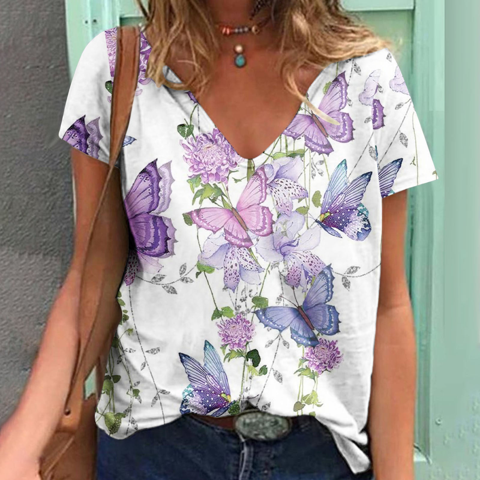 Women's Loose V-neck Floral Print T-shirt