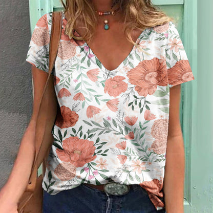 Women's Loose V-neck Floral Print T-shirt