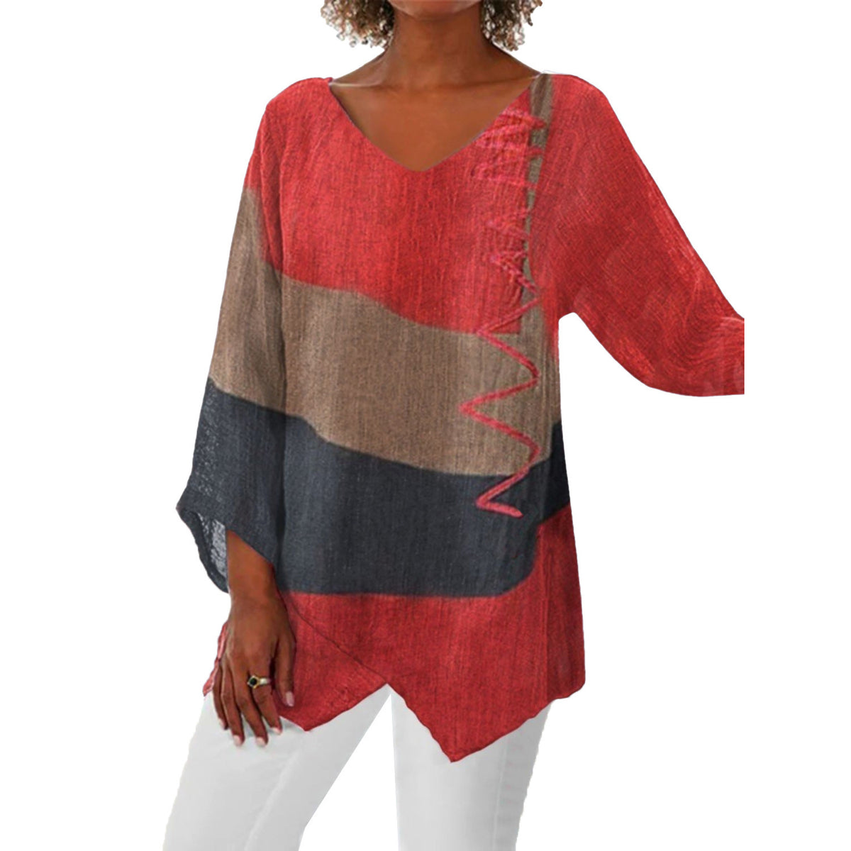 Women's Loose V-Neck Long Sleeve Artistic Print Top