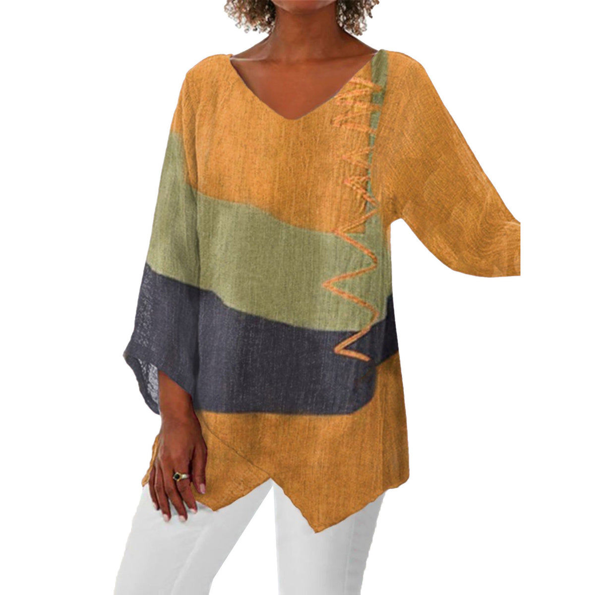 Women's Loose V-Neck Long Sleeve Artistic Print Top