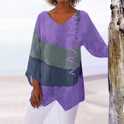 Women's Loose V-Neck Long Sleeve Artistic Print Top