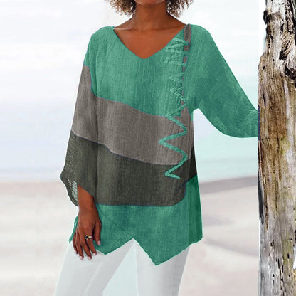 Women's Loose V-Neck Long Sleeve Artistic Print Top