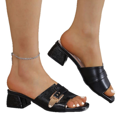 Women's Medium Heel Square Toe Snake Pattern Sandals
