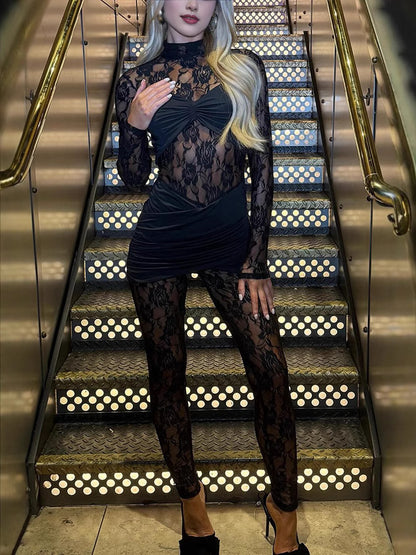 Women's Mesh Lace Jumpsuit Long Sleeve Bodycon
