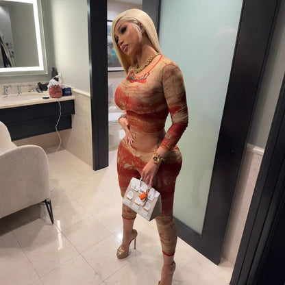 Women's Mesh Printed Long Sleeve Top and Pants Set
