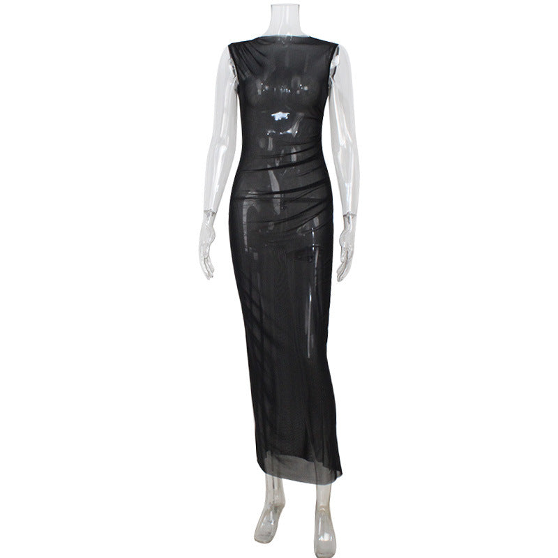 Women's Mesh See-Through Sleeveless Slim Sexy Dress Overskirt Long Blouse
