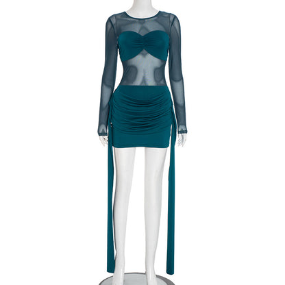 Women's Mesh Splicing Ribbon Short Dress