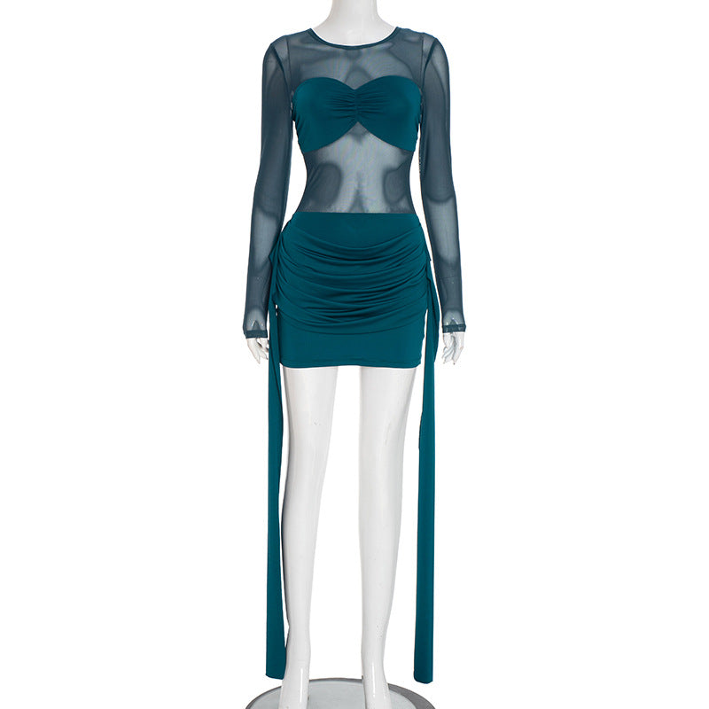 Women's Mesh Splicing Ribbon Short Dress