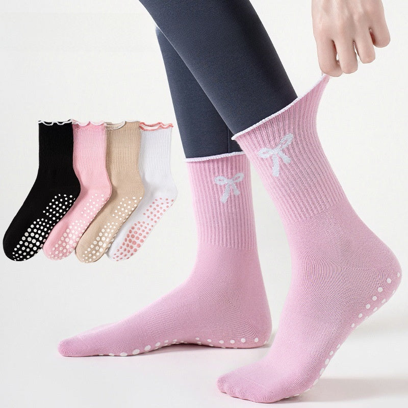 Women's Mid-Calf Yoga Socks with Anti-Slip Grip and Bow Design