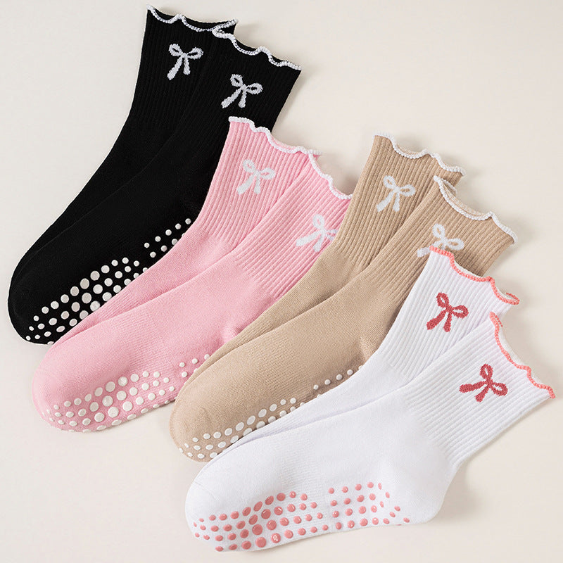 Women's Mid-Calf Yoga Socks with Anti-Slip Grip and Bow Design