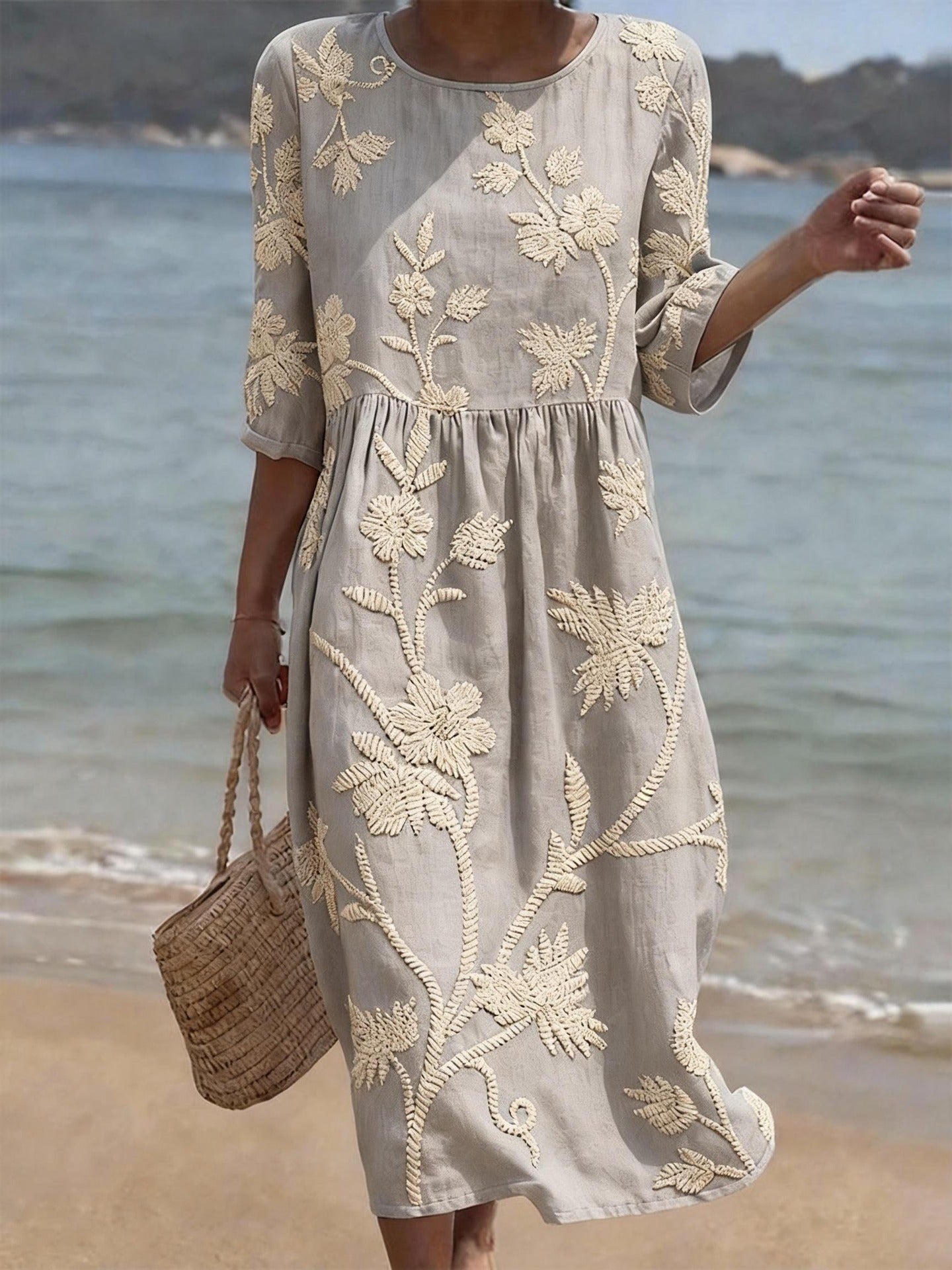 Women's Mid-Length Sleeve Dress with Side Pockets