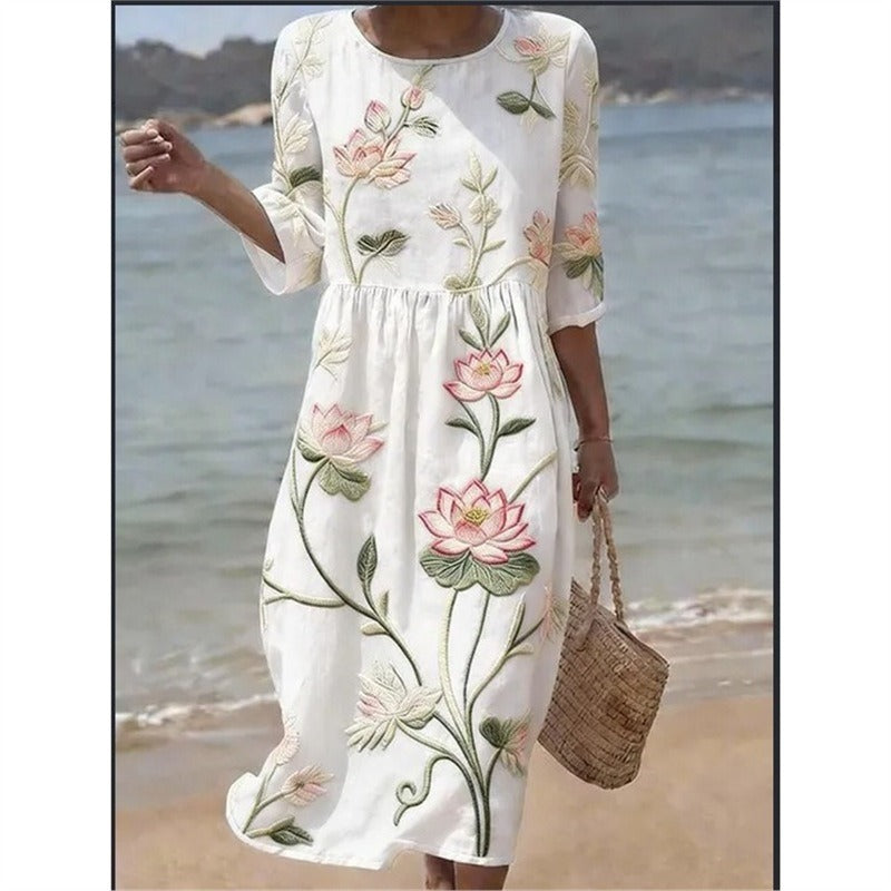 Women's Mid-Length Sleeve Dress with Side Pockets