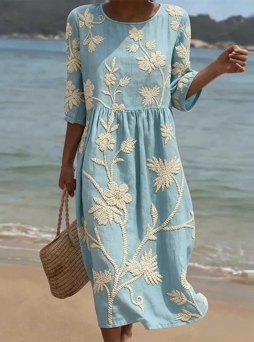 Women's Mid-Length Sleeve Dress with Side Pockets