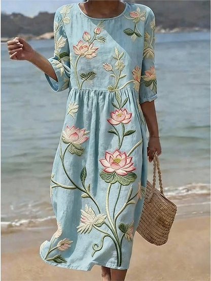 Women's Mid-Length Sleeve Dress with Side Pockets