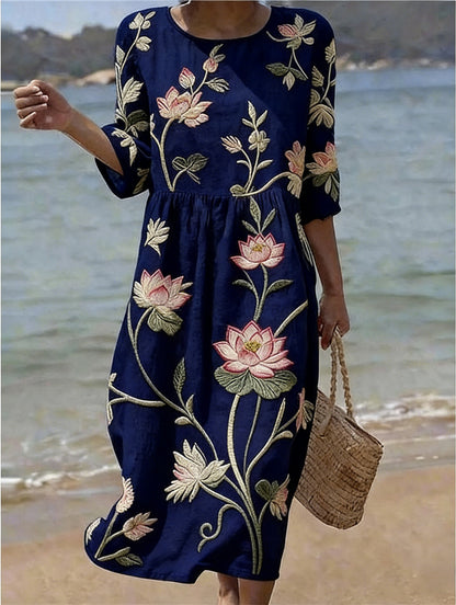 Women's Mid-Length Sleeve Dress with Side Pockets