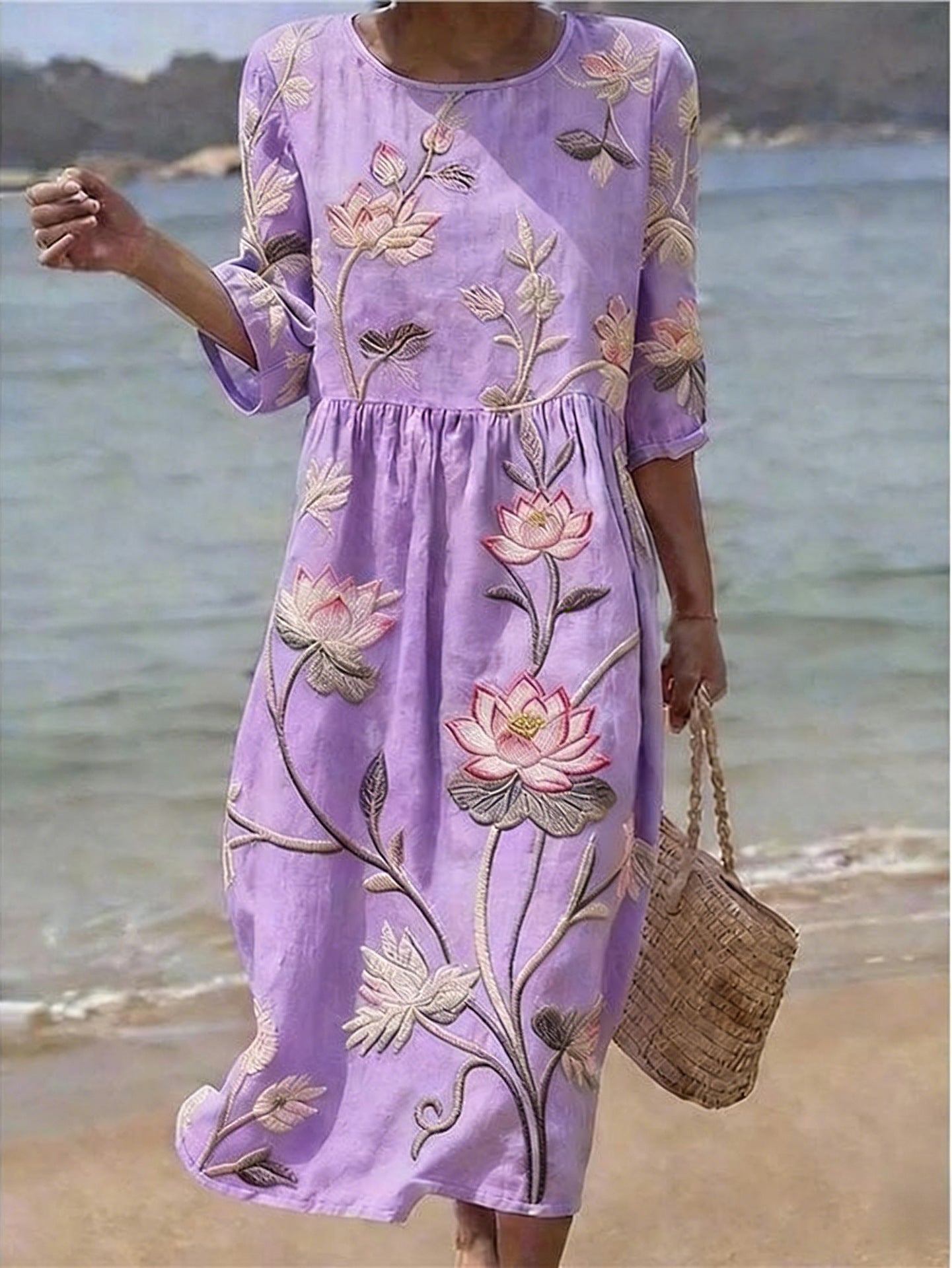 Women's Mid-Length Sleeve Dress with Side Pockets