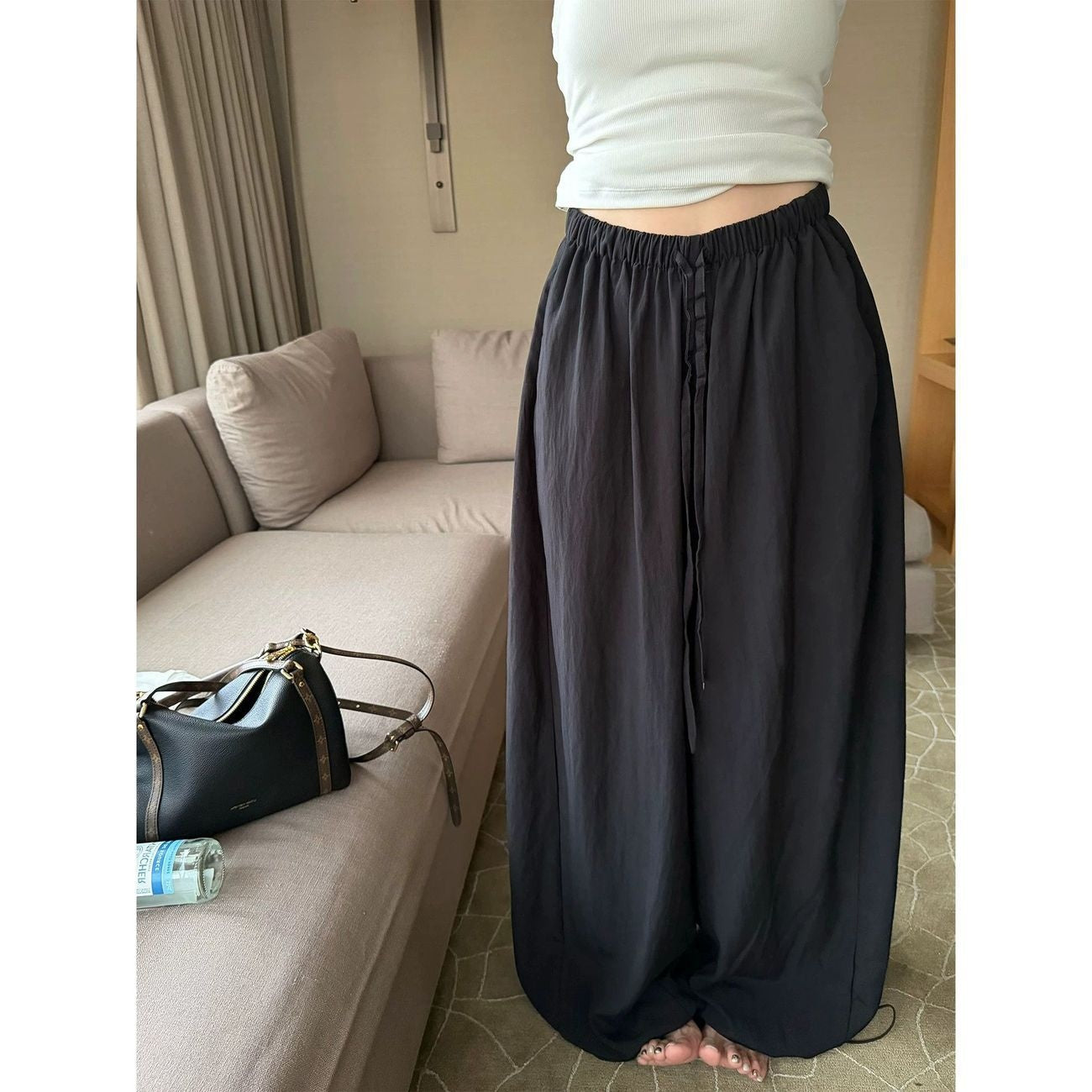 Women's Milk Leather Wide-Leg Lantern Pants