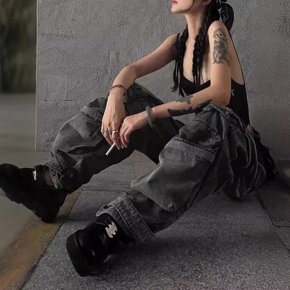 Women's Multi-Pocket Cargo Pants Streetwear Denim Trousers