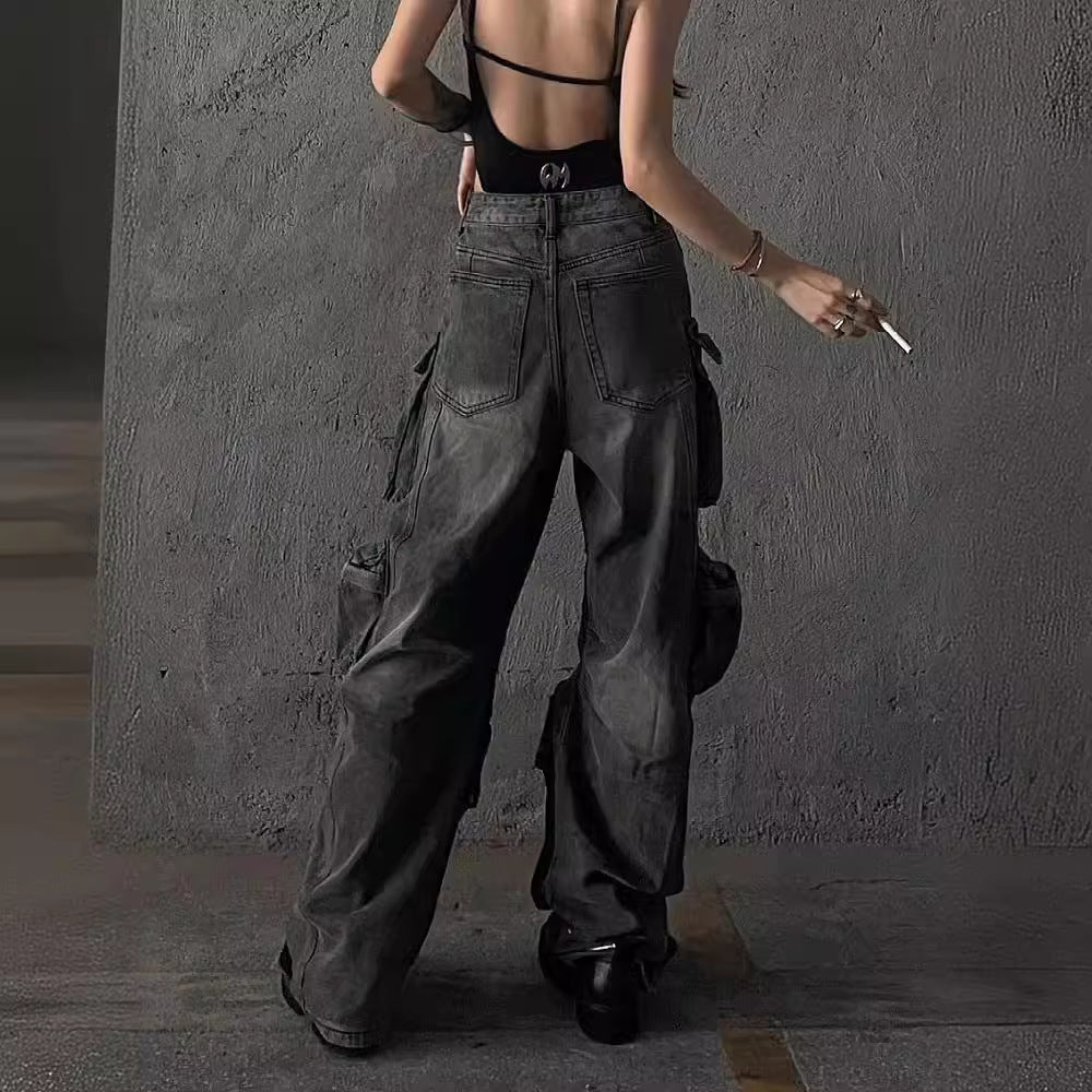 Women's Multi-Pocket Cargo Pants Streetwear Denim Trousers