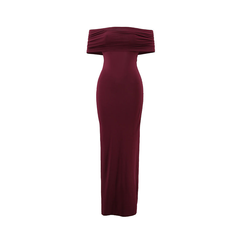 Women's Off-Shoulder Pleated Solid Color Dress
