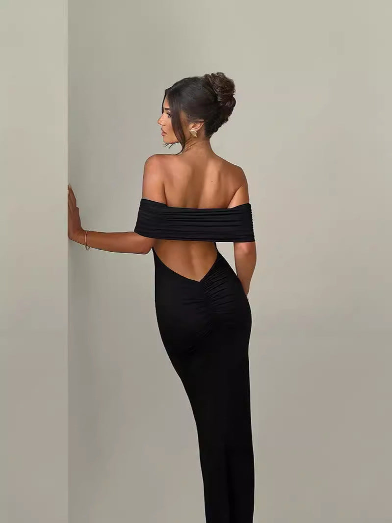 Women's Off-Shoulder Pleated Solid Color Dress