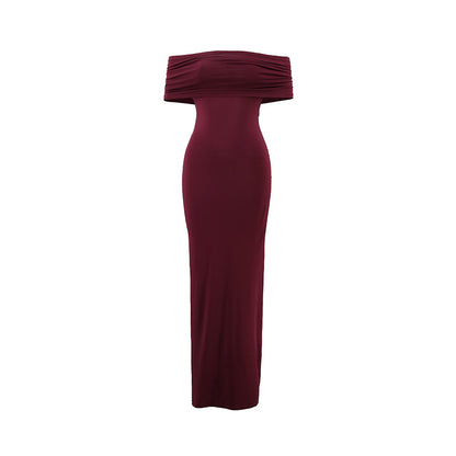 Women's Off-Shoulder Pleated Solid Color Dress