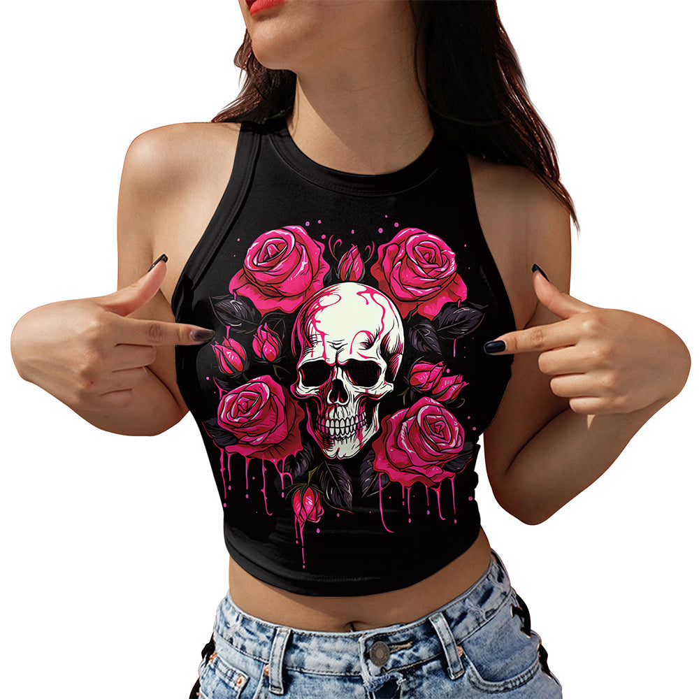 Women's Off-Shoulder Sleeveless Vest with Skull Print