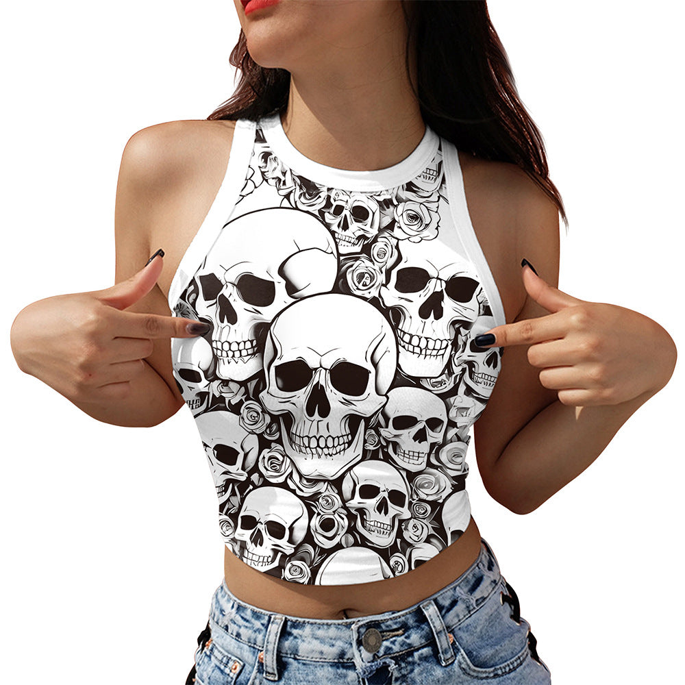 Women's Off-Shoulder Sleeveless Vest with Skull Print