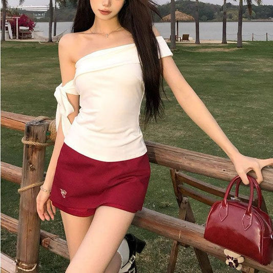 Women's Off-Shoulder Slim Fit T-Shirt Summer Casual Solid Top