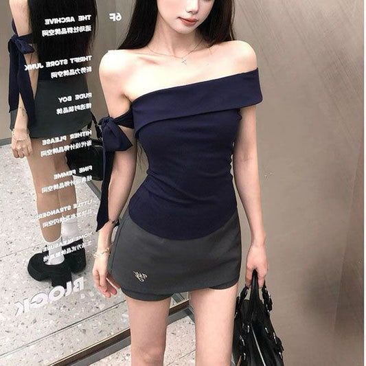 Women's Off-Shoulder Slim Fit T-Shirt Summer Casual Solid Top