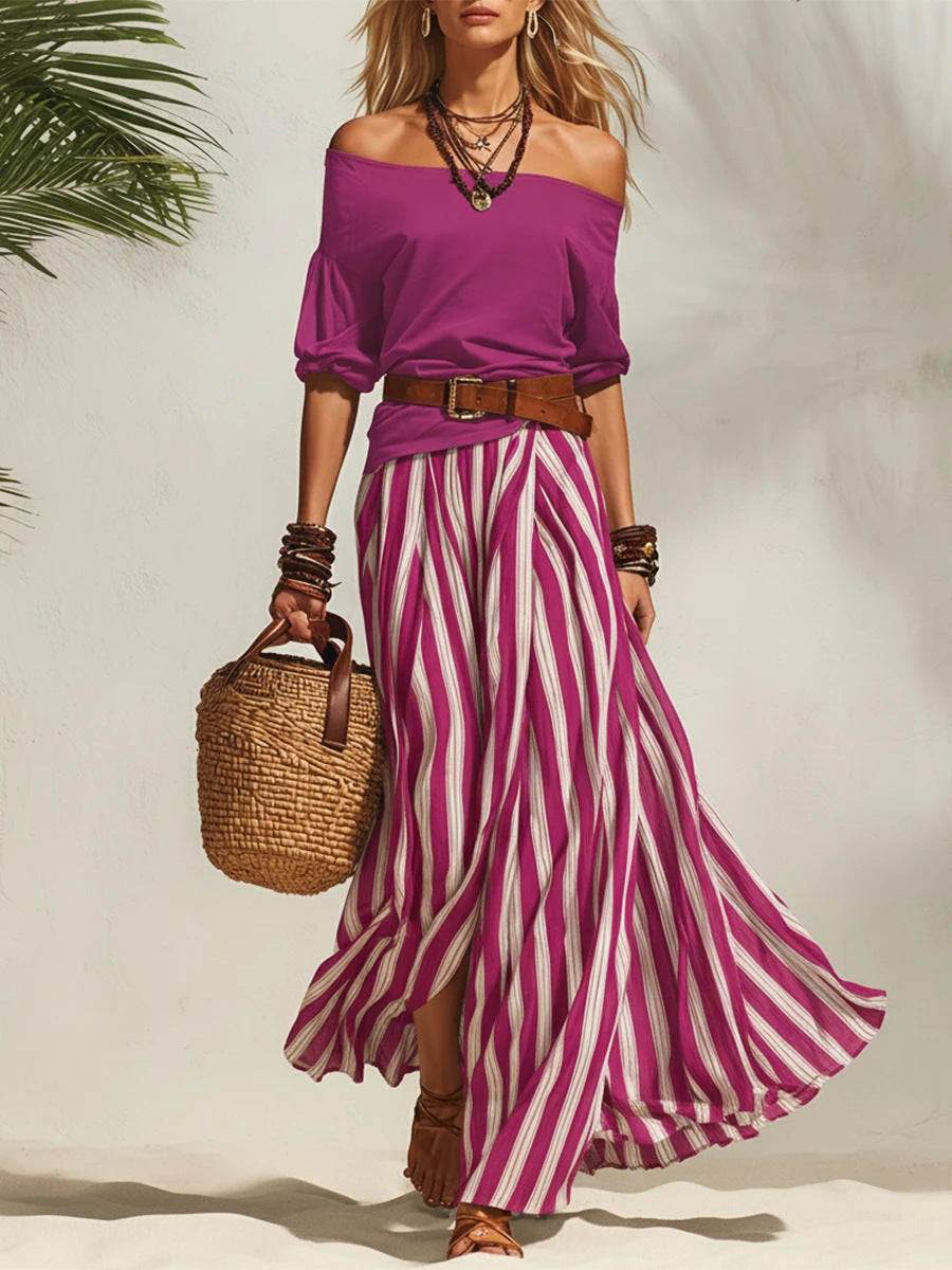 Women's Off-Shoulder Top and Slit Skirt Set