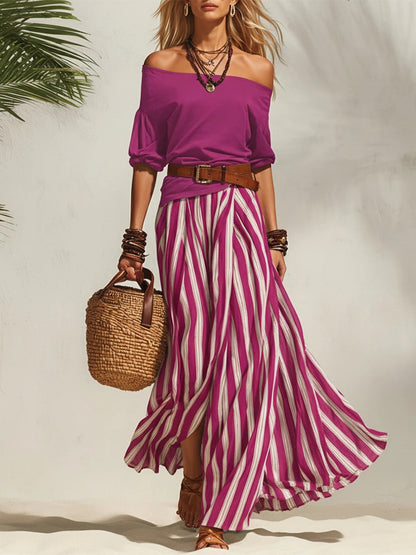 Women's Off-Shoulder Top and Slit Skirt Set
