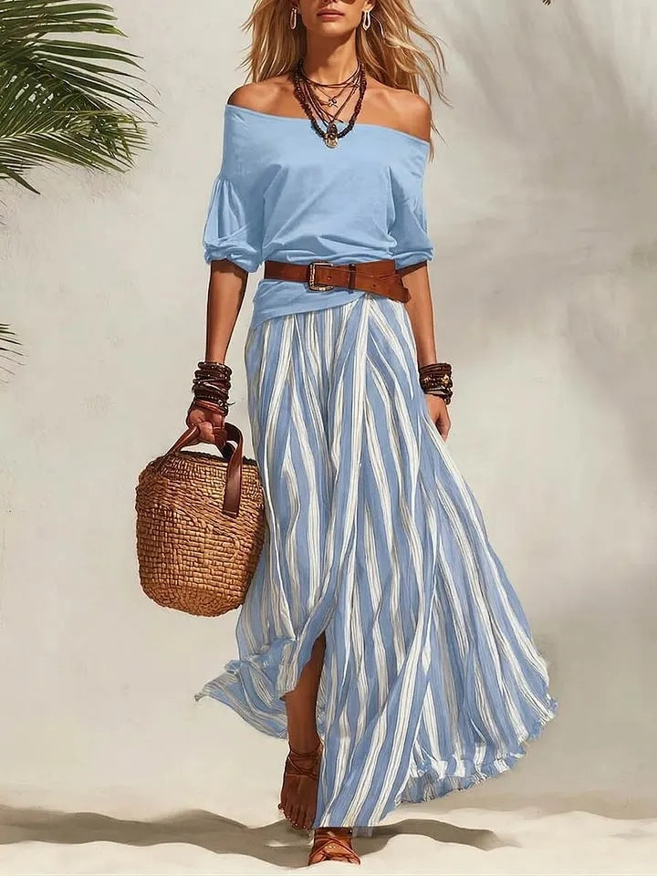 Women's Off-Shoulder Top and Slit Skirt Set