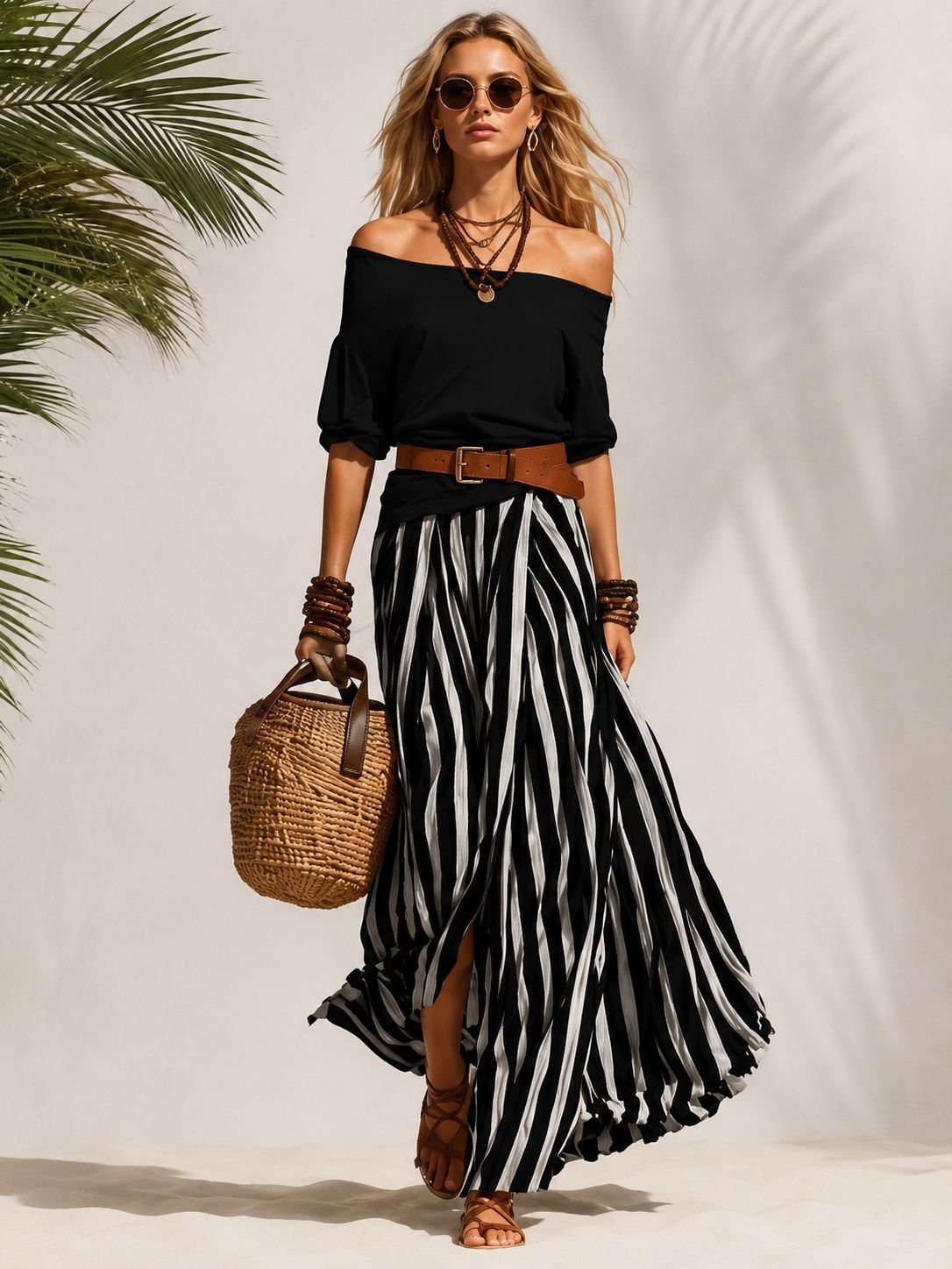 Women's Off-Shoulder Top and Slit Skirt Set
