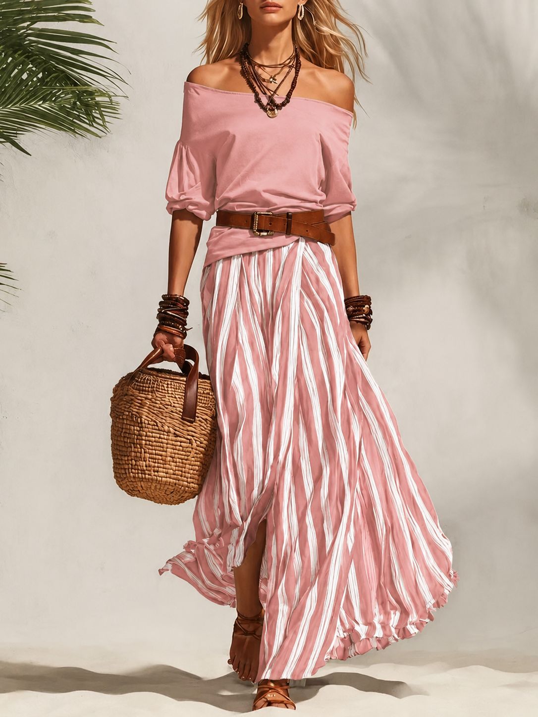 Women's Off-Shoulder Top and Slit Skirt Set