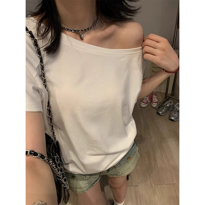 Women's Off-the-Shoulder Loose Solid Color Short-Sleeve T-Shirt