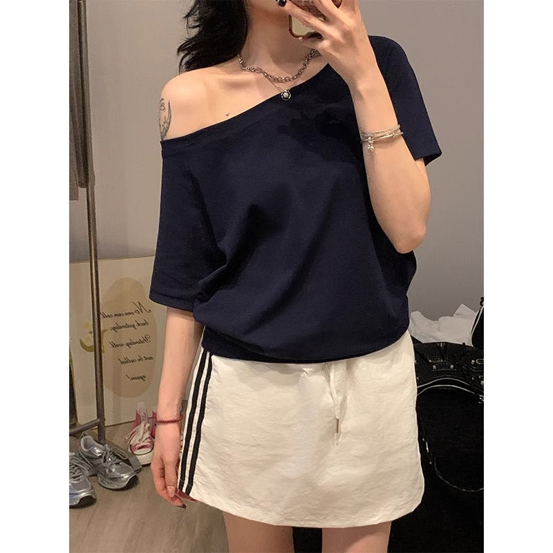Women's Off-the-Shoulder Loose Solid Color Short-Sleeve T-Shirt