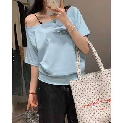 Women's Off-the-Shoulder Loose Solid Color Short-Sleeve T-Shirt