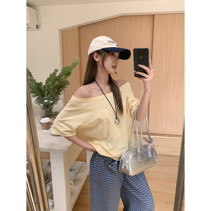 Women's Off-the-Shoulder Loose Solid Color Short-Sleeve T-Shirt