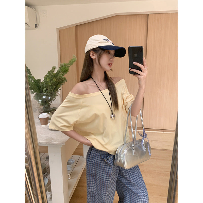 Women's Off-the-Shoulder Loose Solid Color Short-Sleeve T-Shirt